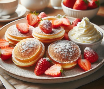 Poffertjes con nata, azucar glas y fresas por encima en un plato